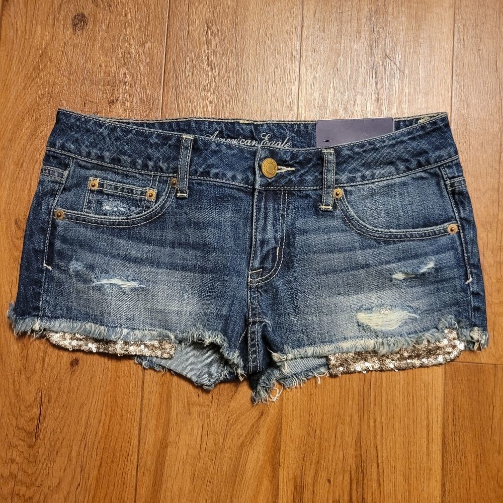 American Eagle Y2K Destroyed Sequins Medium Wash Denim Jean Short Shortie Size 4
